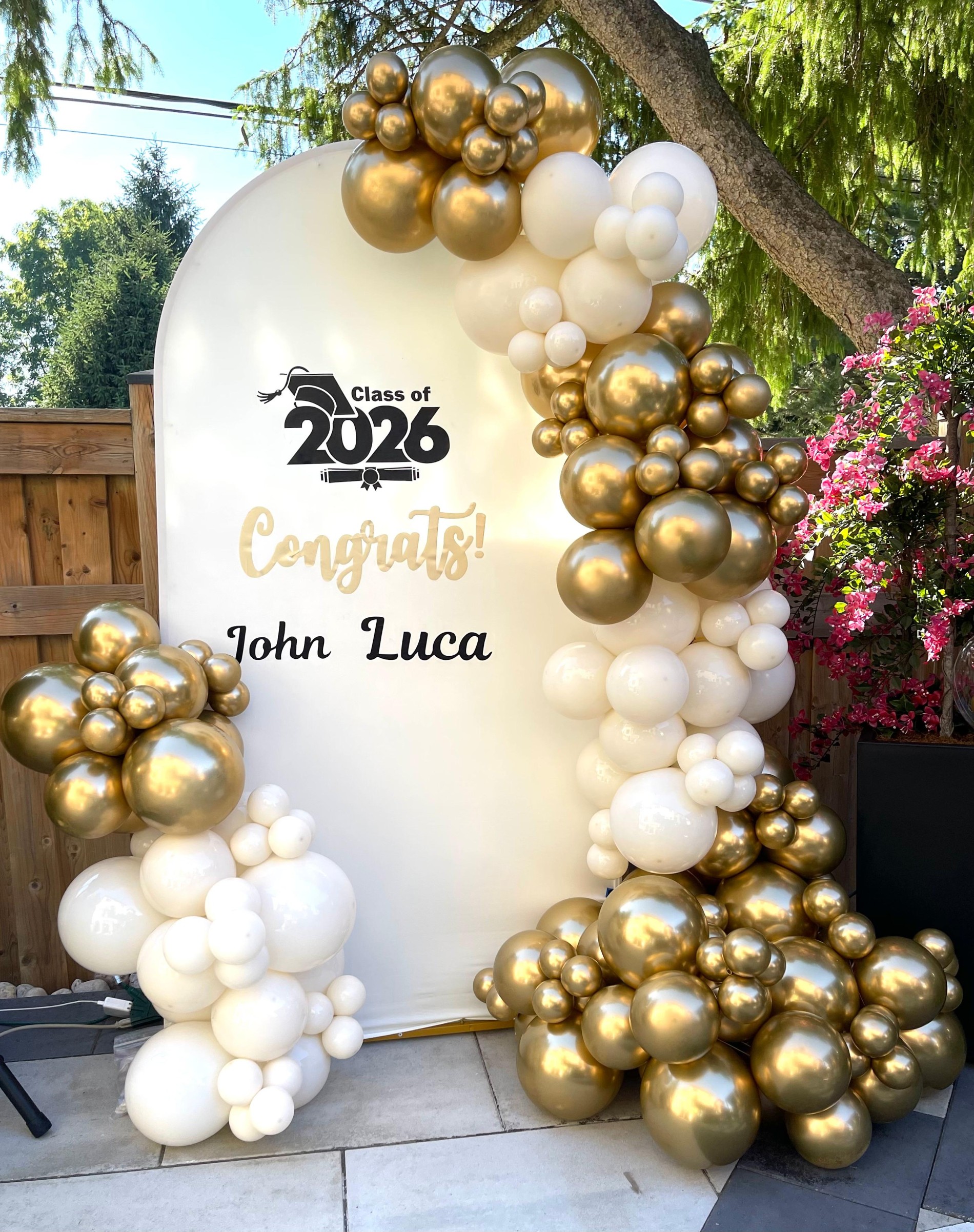 Elegant White & Gold Graduation Balloon Backdrop Arch